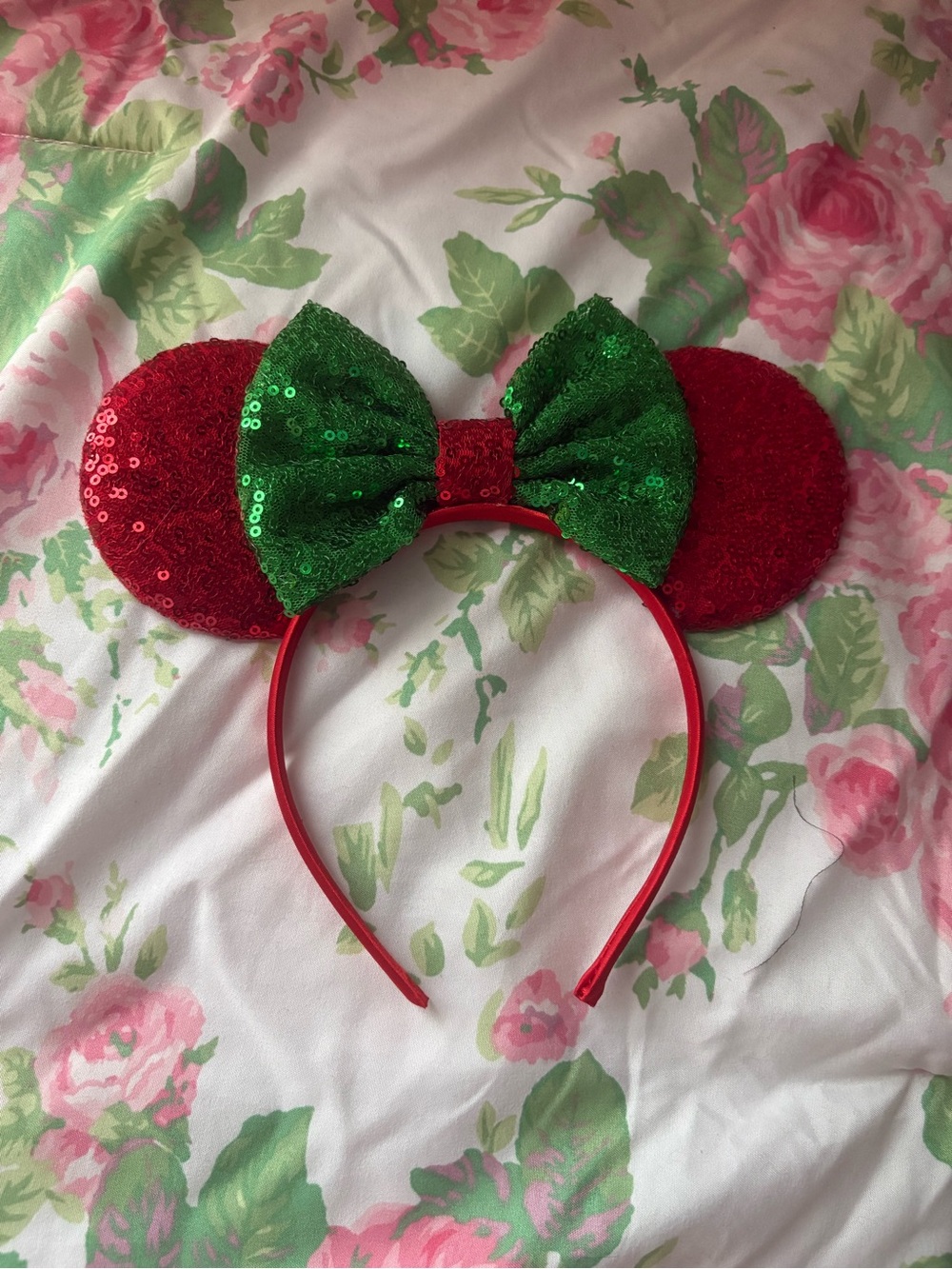 Disney Red Sequin Minnie Ears Headband with Green Sequin Bow